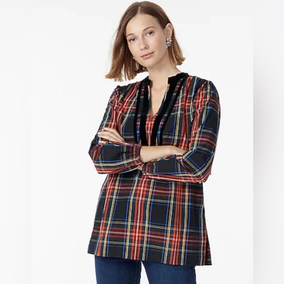 J. Crew Velvet Lined V-Neck Top Tunic Black Stewart Tartan Women’s size Medium - Picture 1 of 13